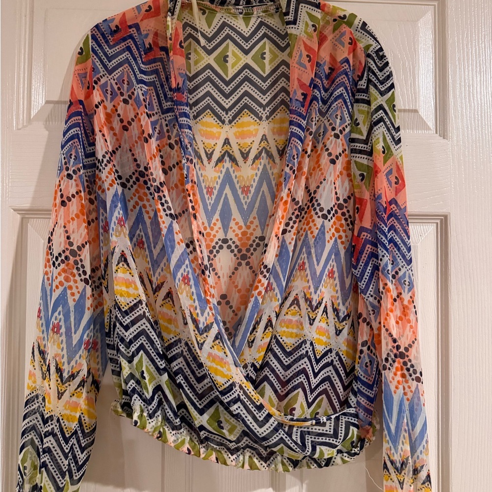 Blouse, multicolored.  Sheer.  Layers with many colors